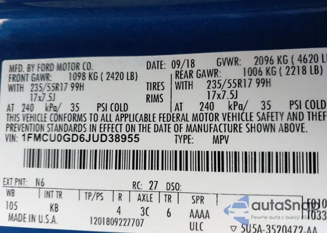 2018 Ford Escape Se из США, поврежденный, VIN 1FMCU0GD6JUD38955